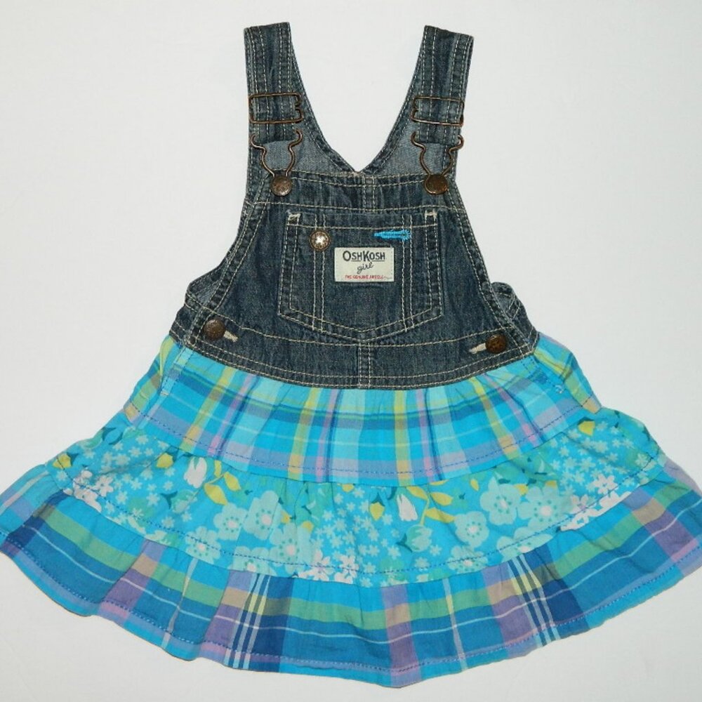 Osh Kosh B'gosh Plaid Skirt Overall Dress Flowers Yellow Blue 18M